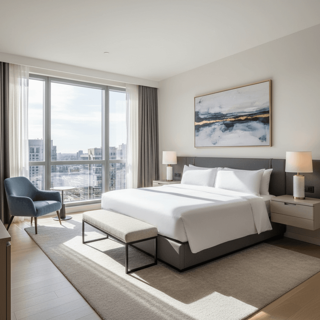 Modern hotel bedroom with natural lighting