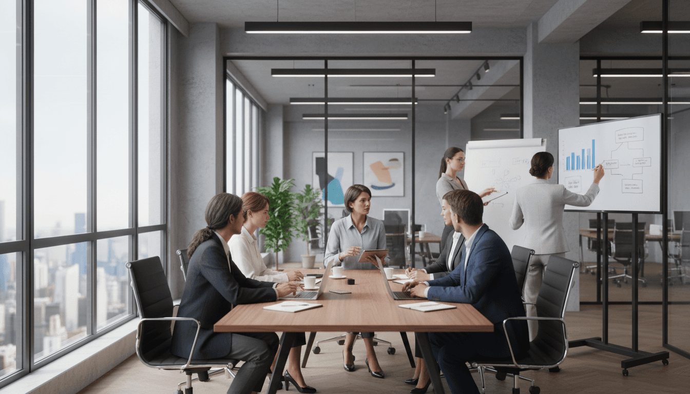 Professional business team collaborating in a modern office setting