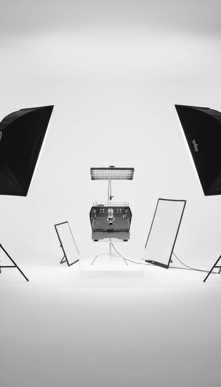 Professional product photography studio with softbox lighting and clean white backdrop