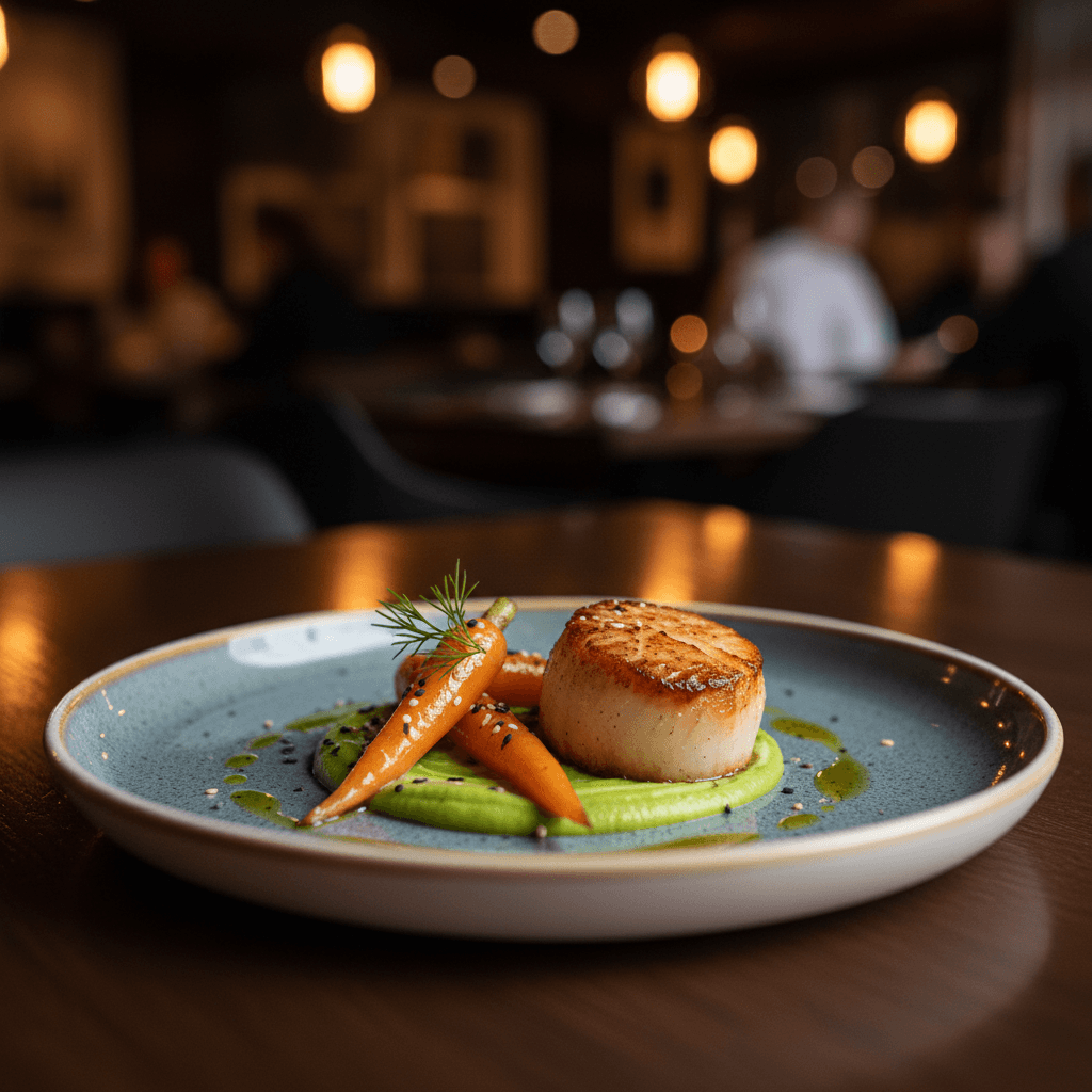 Plated appetizer with professional presentation and warm lighting