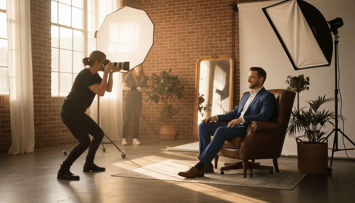 Professional photographer capturing a client portrait in a well-lit studio setting