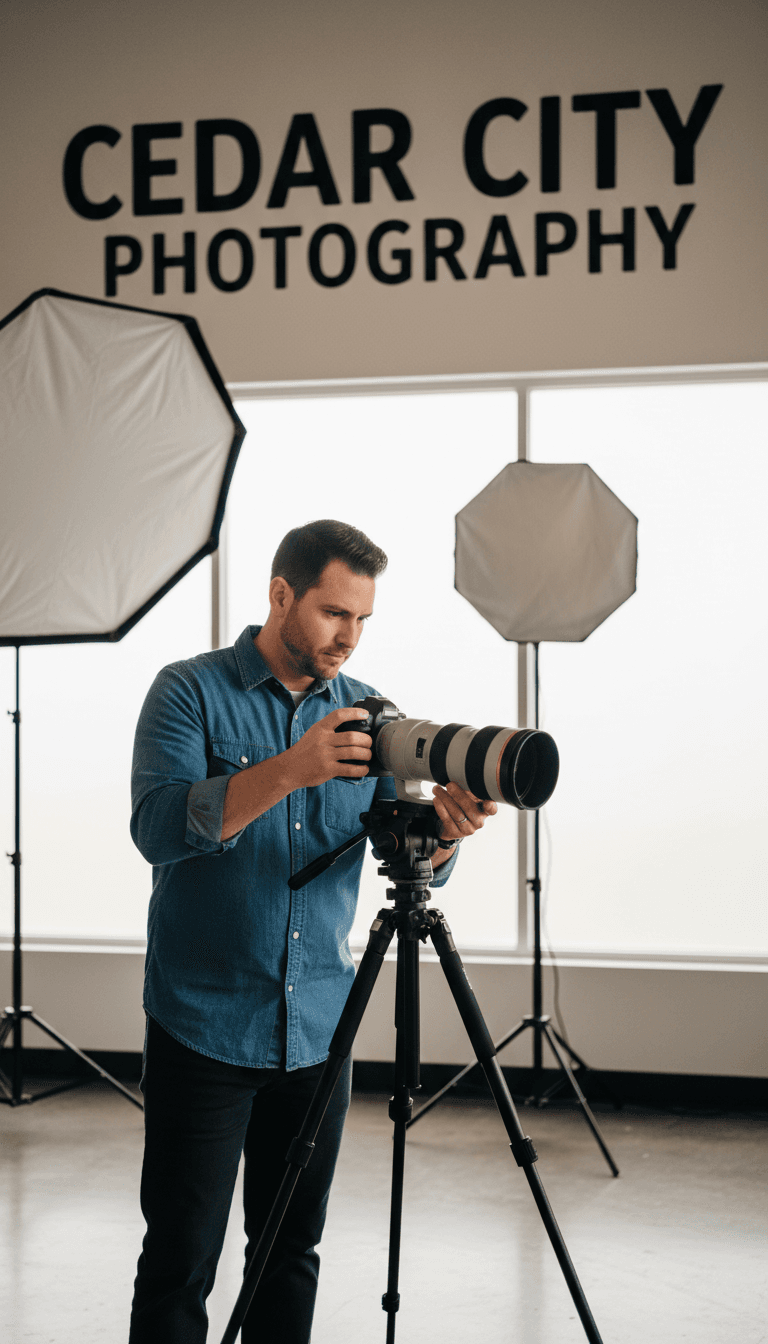 Phil Gibson adjusting camera equipment in a modern photography studio