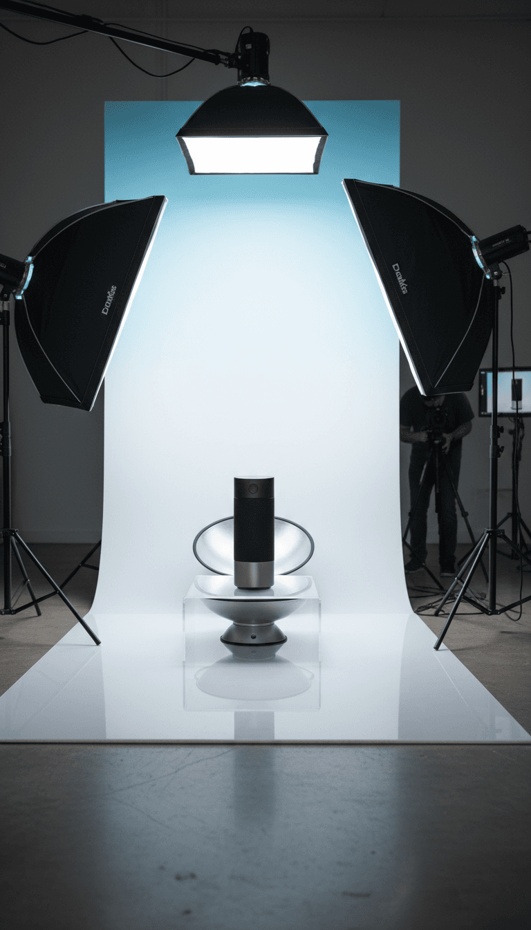Professional product photography in modern studio with bright clean lighting