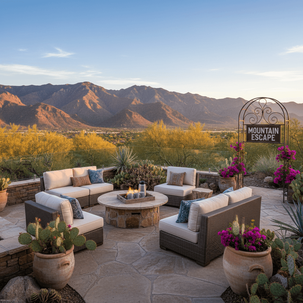 Outdoor patio space with mountain backdrop