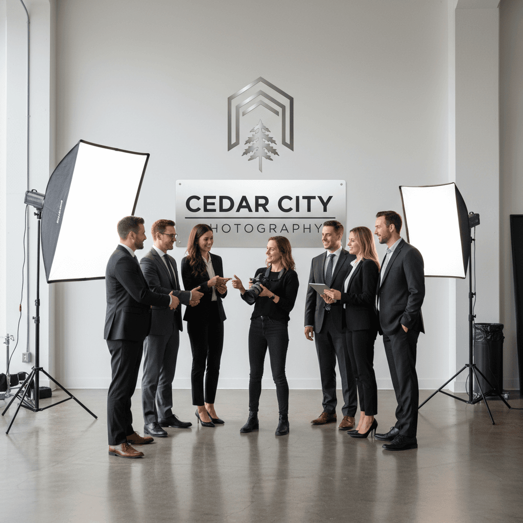 Photographer directing a corporate photoshoot in a modern studio with diverse professionals.
