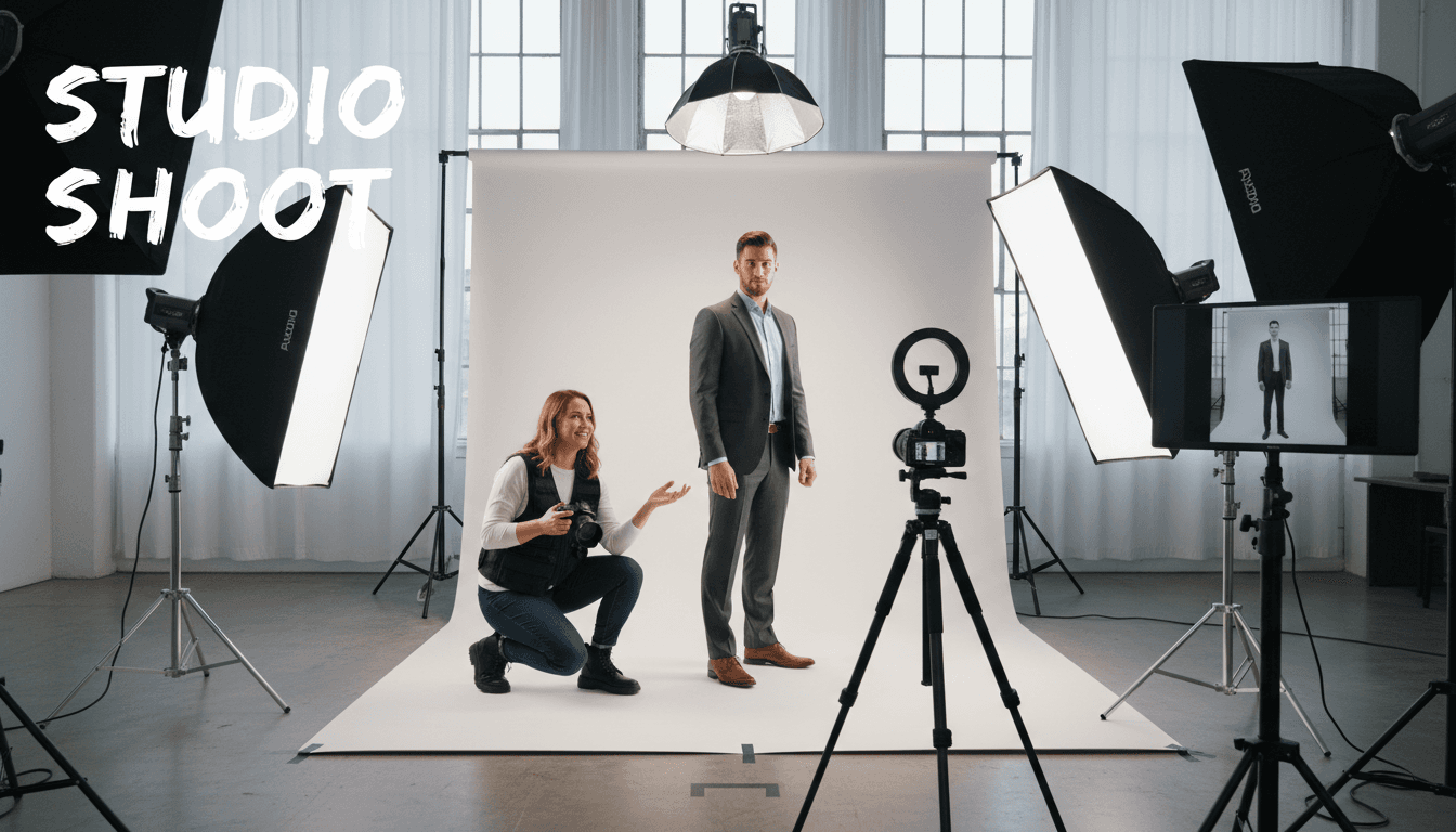 Professional photographer setting up lighting for a corporate photo shoot in a modern studio