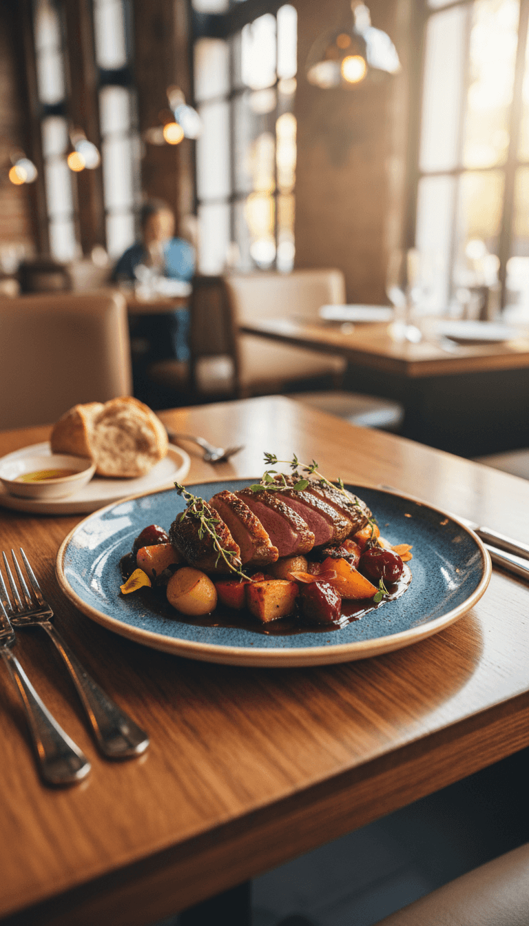 Beautifully plated restaurant dish with professional lighting and soft focus background