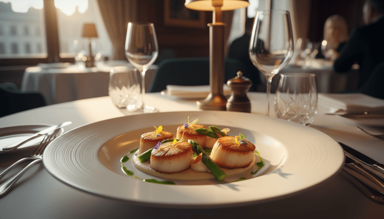 Beautifully plated restaurant dish with warm ambient lighting