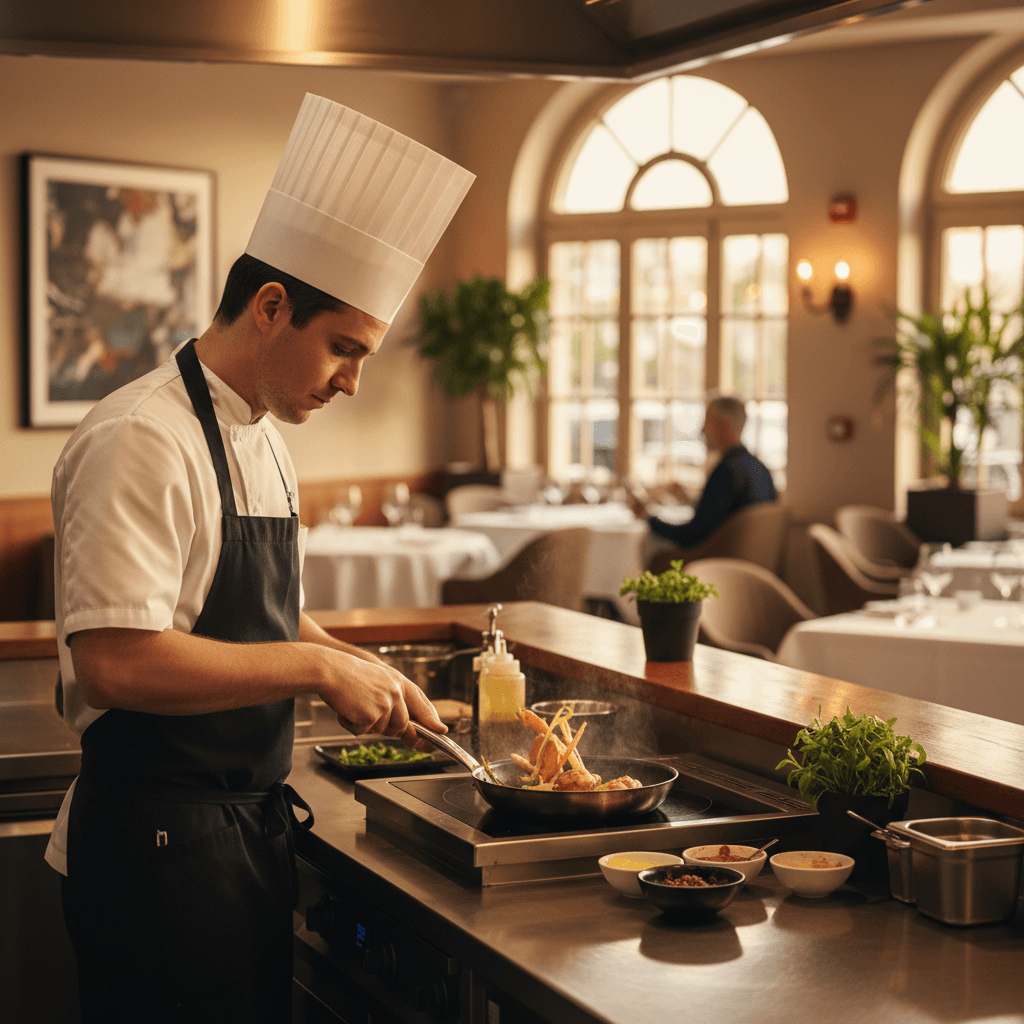 Chef working at kitchen counter in professional restaurant environment