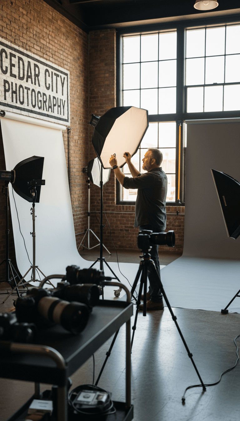 Phil Gibson adjusting studio lighting for a photography session