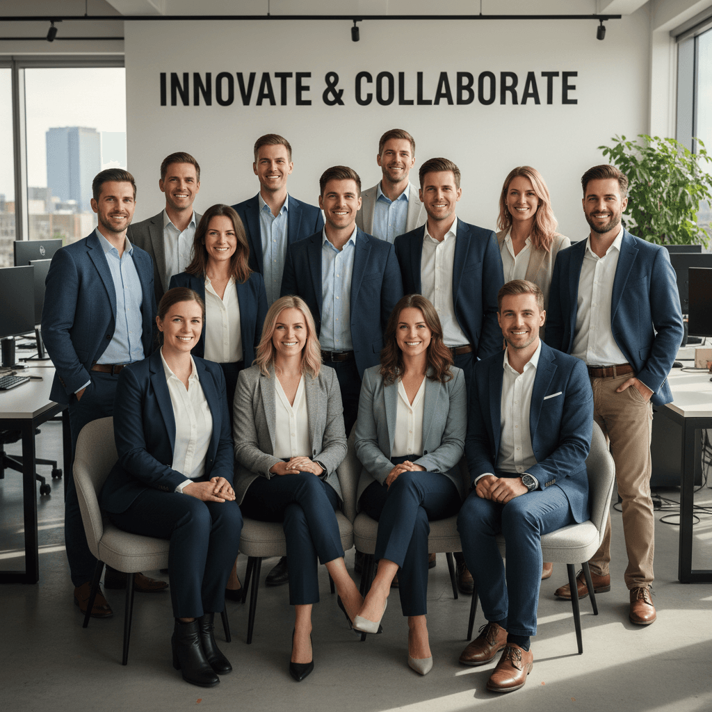 Corporate team photo in bright professional office environment