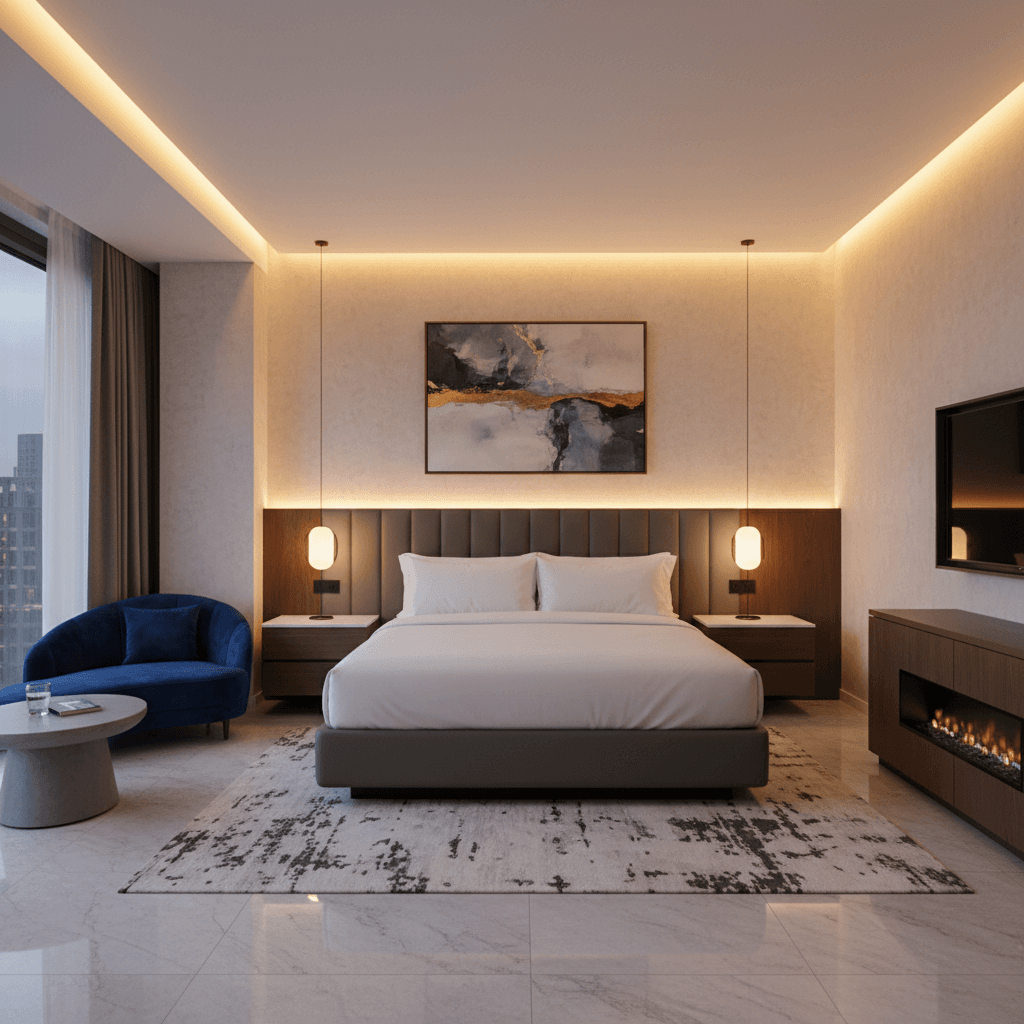 Professionally photographed hotel room with elegant design and inviting atmosphere