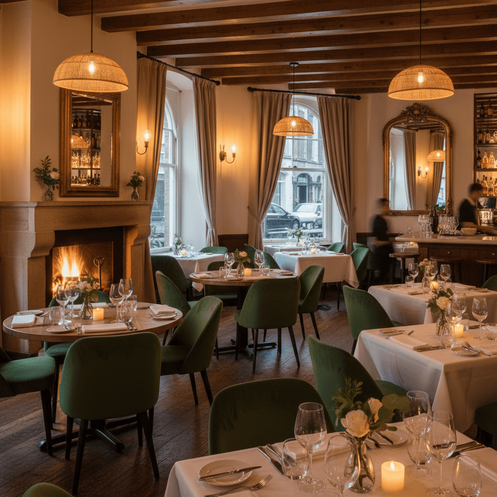 Warm dining room with tables and ambient lighting
