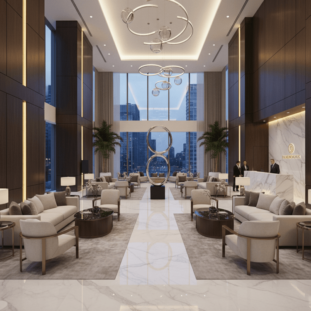 Hotel lobby interior with marble and contemporary design