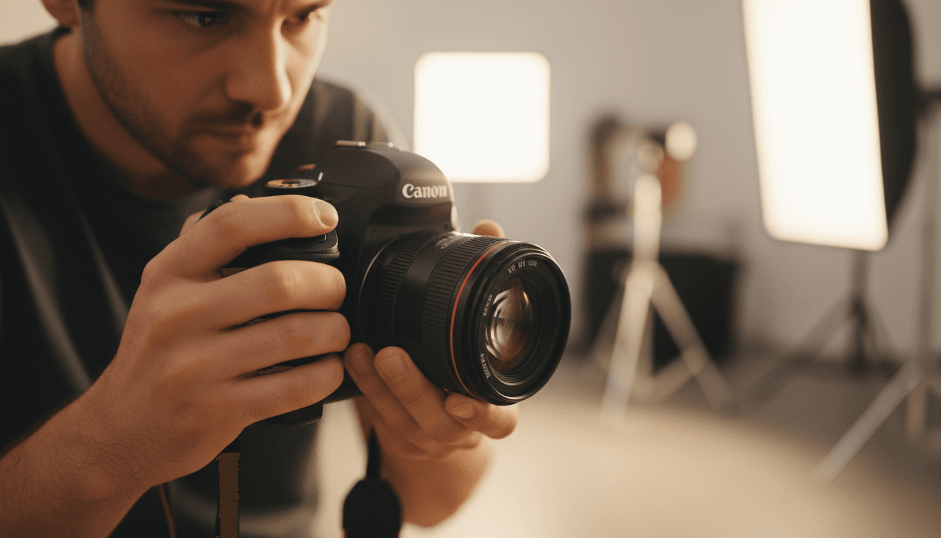 Photographer adjusting professional camera settings during a photo session setup
