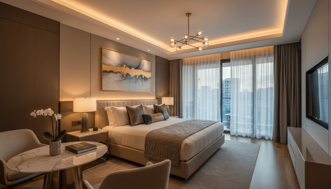 Beautifully appointed hotel room with warm lighting and modern decor showcasing professional hospitality photography