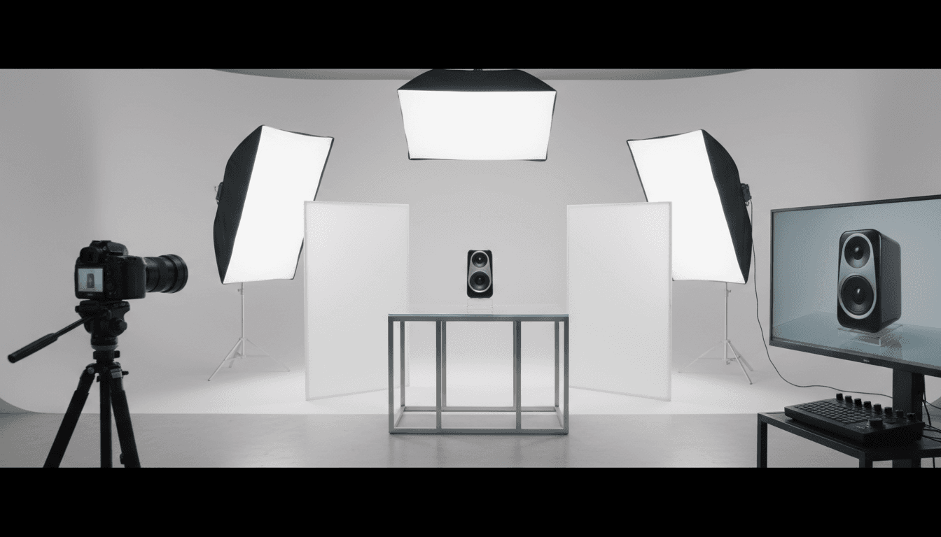 Professional product photography studio with carefully arranged products and professional lighting equipment