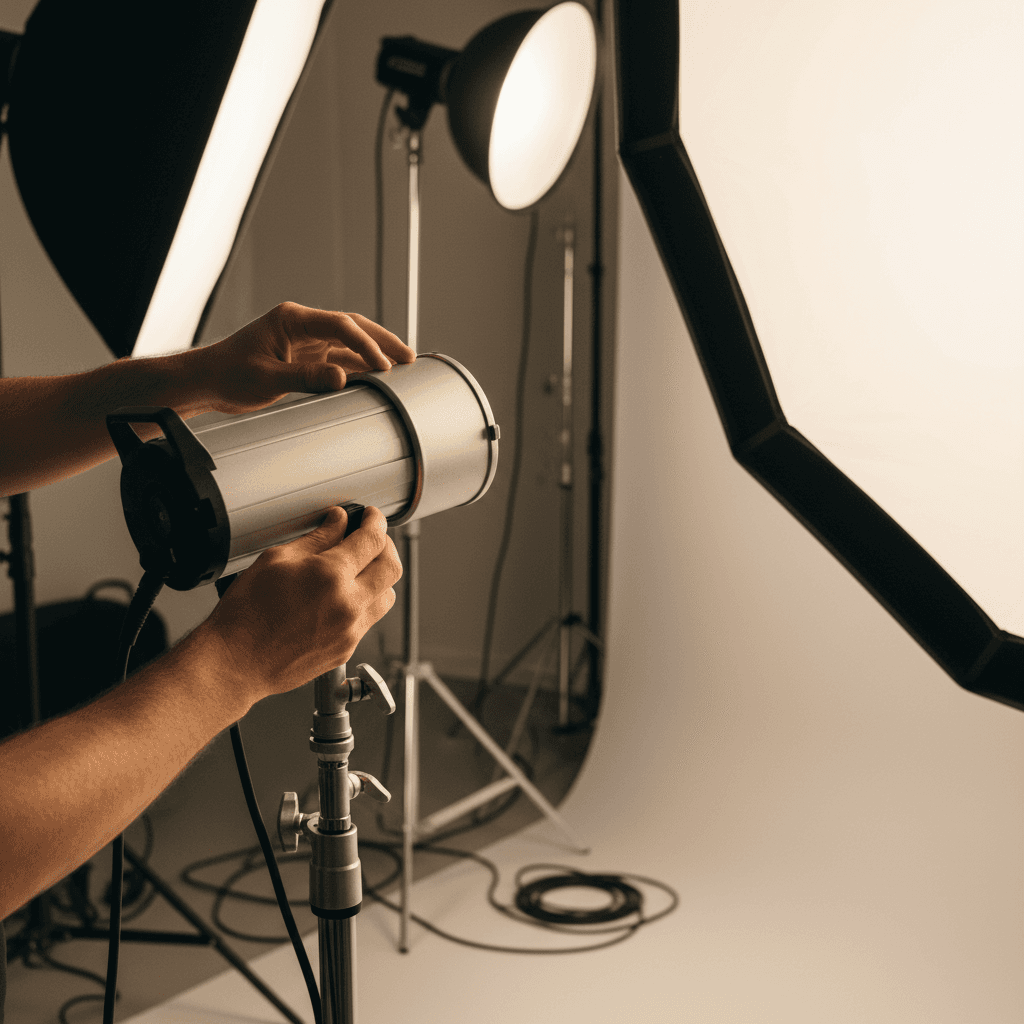 Professional photographer adjusting studio lighting for a portrait session