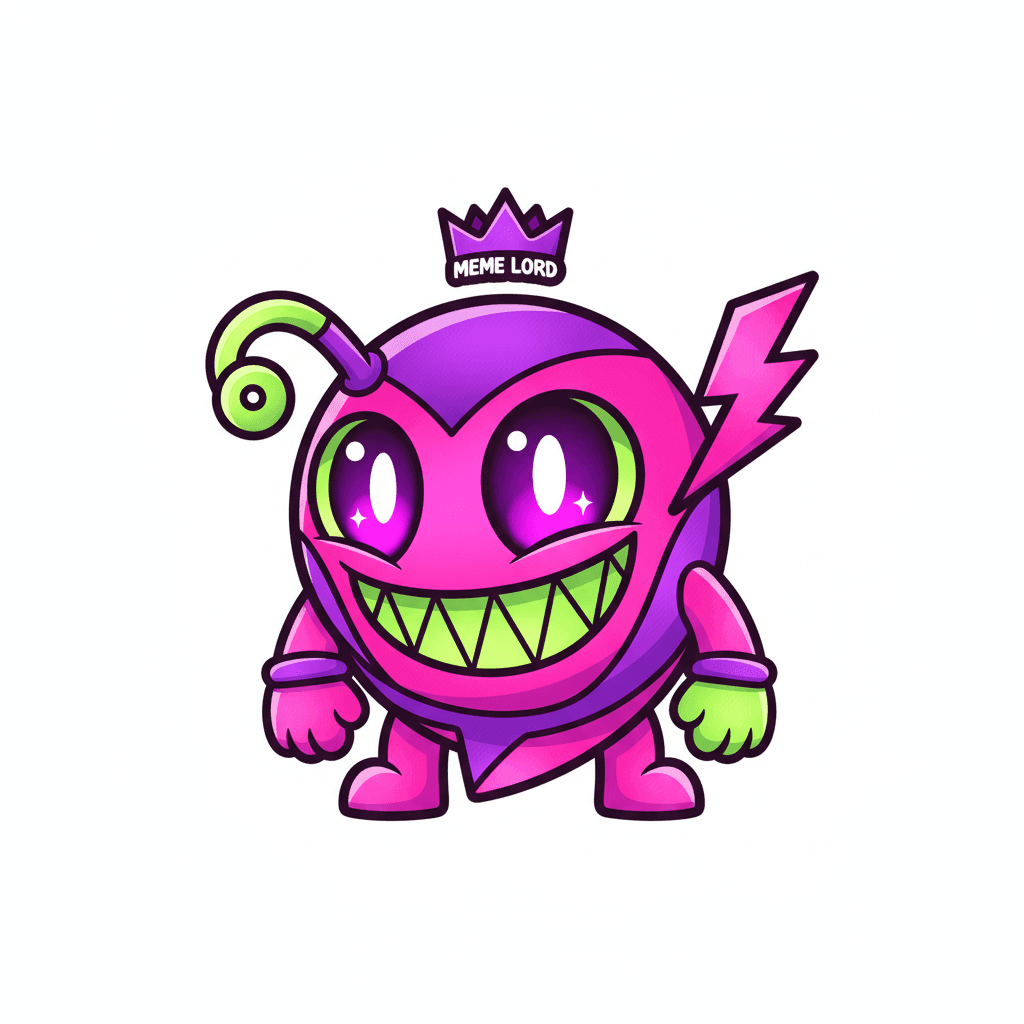 Whimsical cartoon mascot character with exaggerated features and neon colors against white background