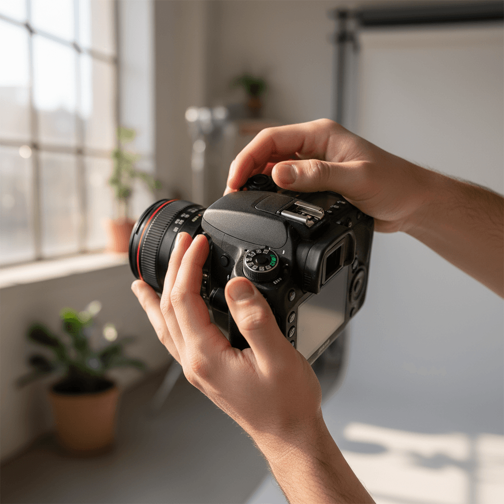 Photographer adjusting camera settings