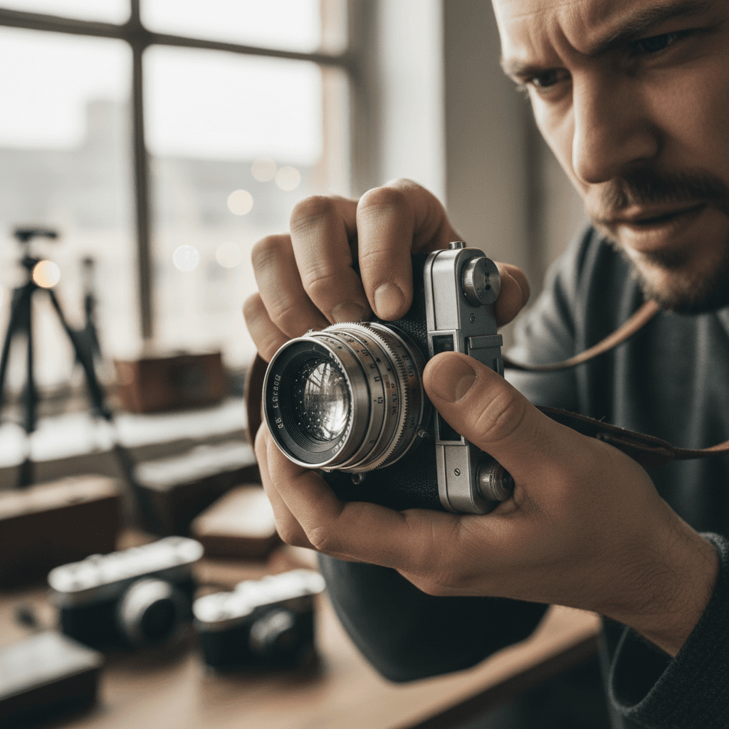 Photographer adjusting professional camera equipment