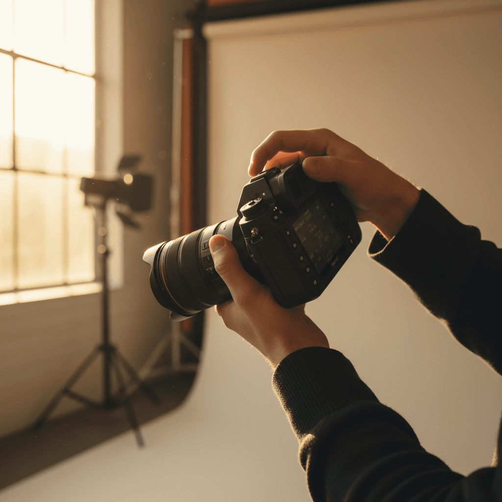 Professional photographer composing a portrait shot