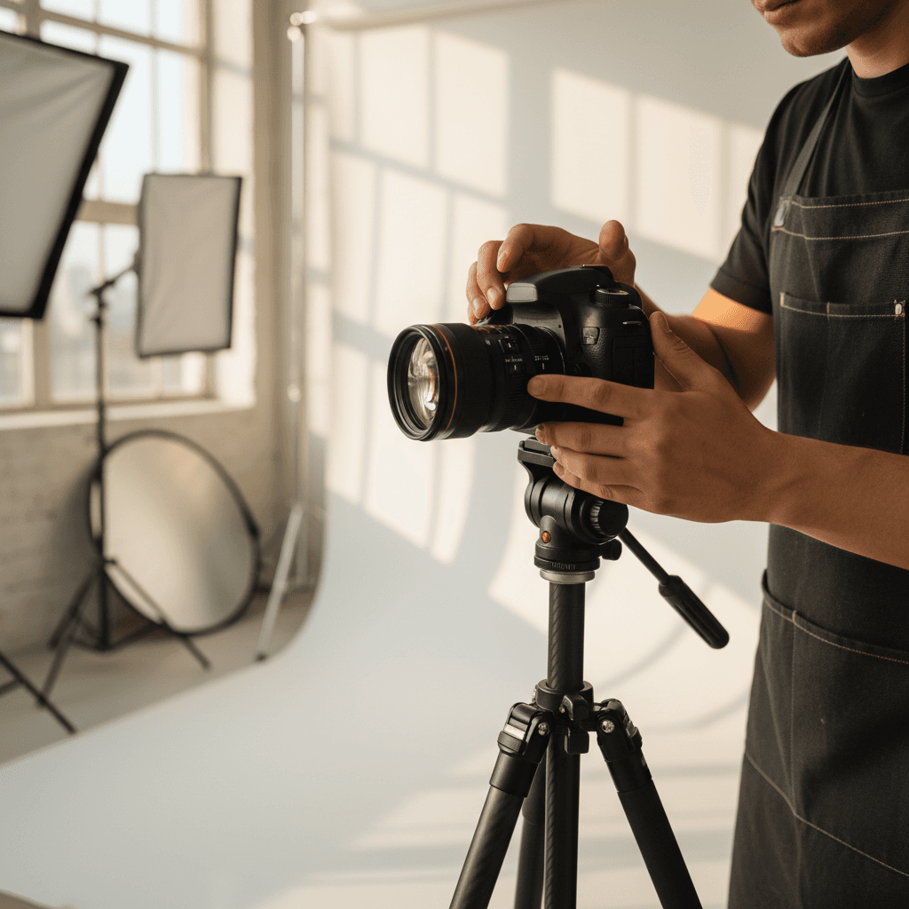 Professional photographer adjusting camera equipment in studio